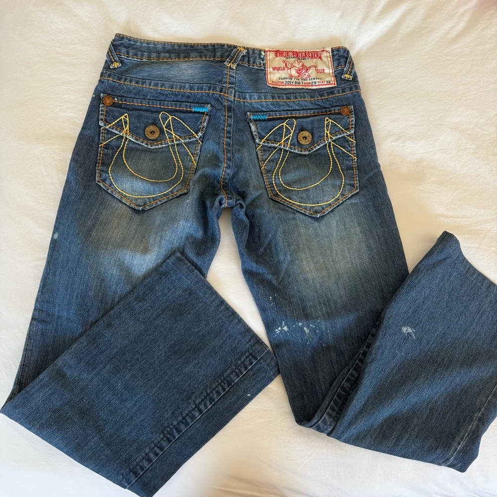 True Religion Blue Boot Cut Jeans with Signature Stitching